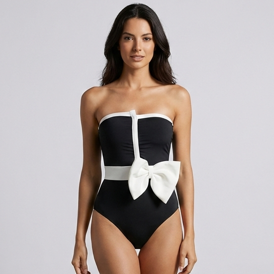 Women’s Black & White Color Block Strapless One-Piece Swimsuit with Bow Detail