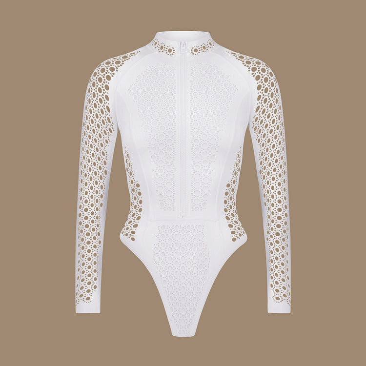 Women’s White Long Sleeve Zip Surf Swimsuit with Breathable Mesh