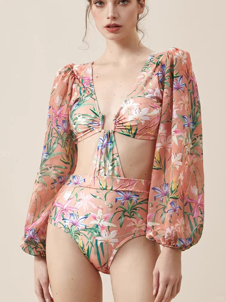 Women’s Vintage Floral Print Swimsuit Set & Ruffled Maxi Skirt