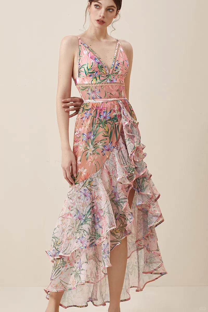 Women’s Vintage Floral Print Swimsuit Set & Ruffled Maxi Skirt