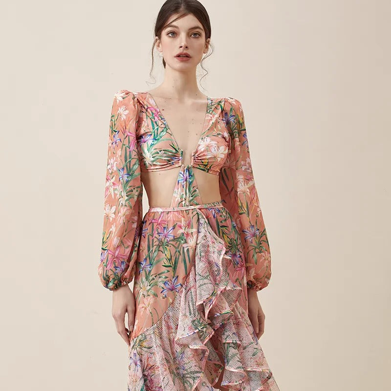 Women’s Vintage Floral Print Swimsuit Set & Ruffled Maxi Skirt